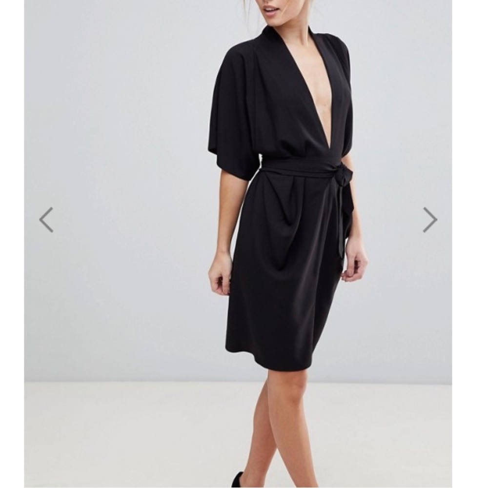 asos black kimono sleeve deep v-cut multi-way belted wrap dress, size 6